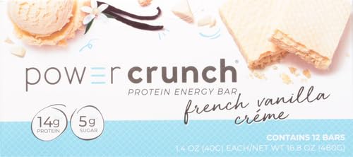 Power Crunch French Vanilla Creme bar cross-section reveals wafer layers.