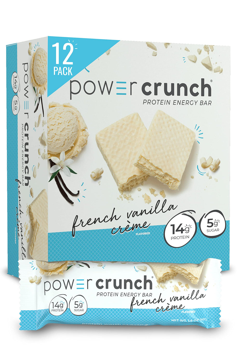 Power Crunch French Vanilla Creme bar visual, a high-protein snack for on-the-go.