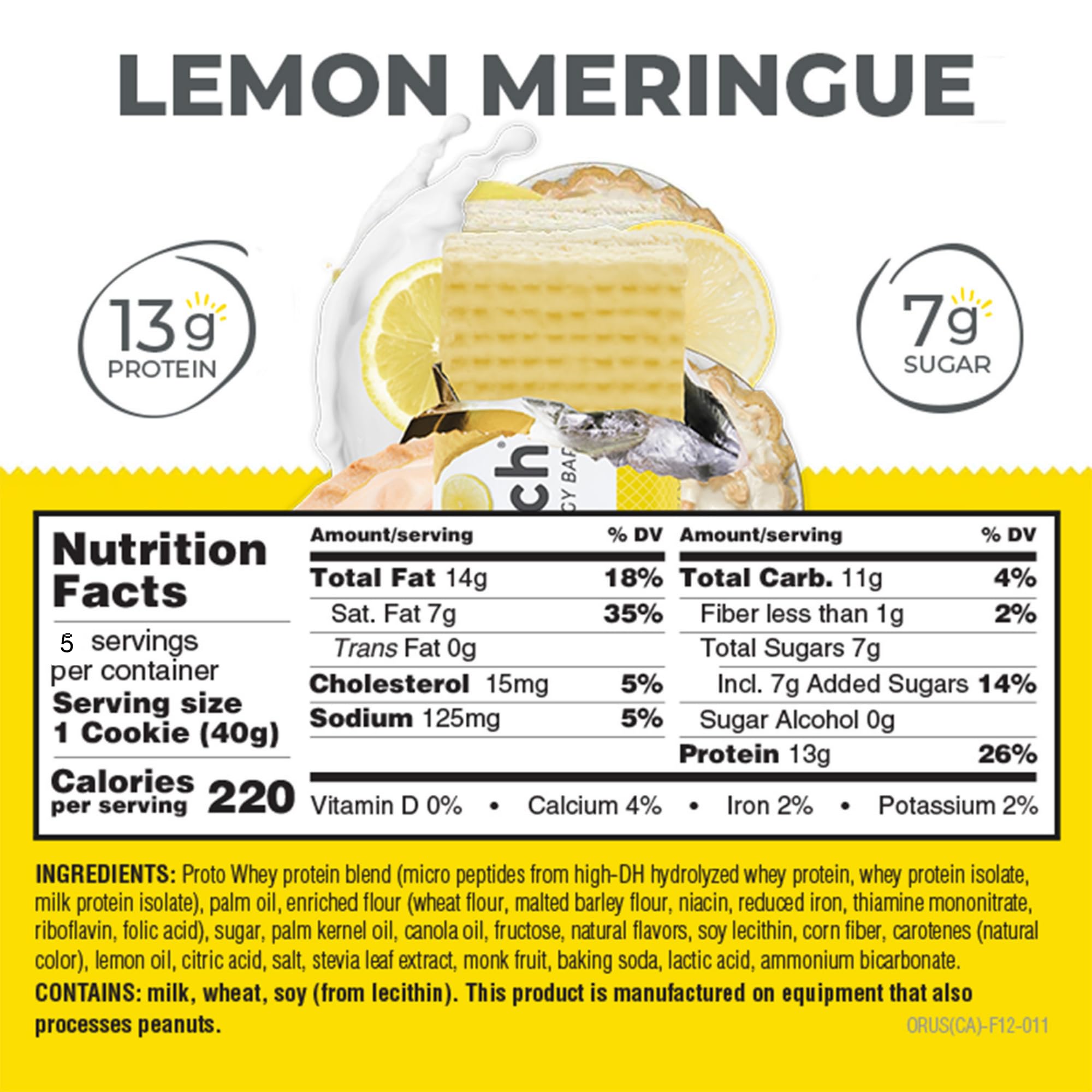 Power Crunch Lemon Meringue bar closeup with crisp wafer texture and lemon filling.