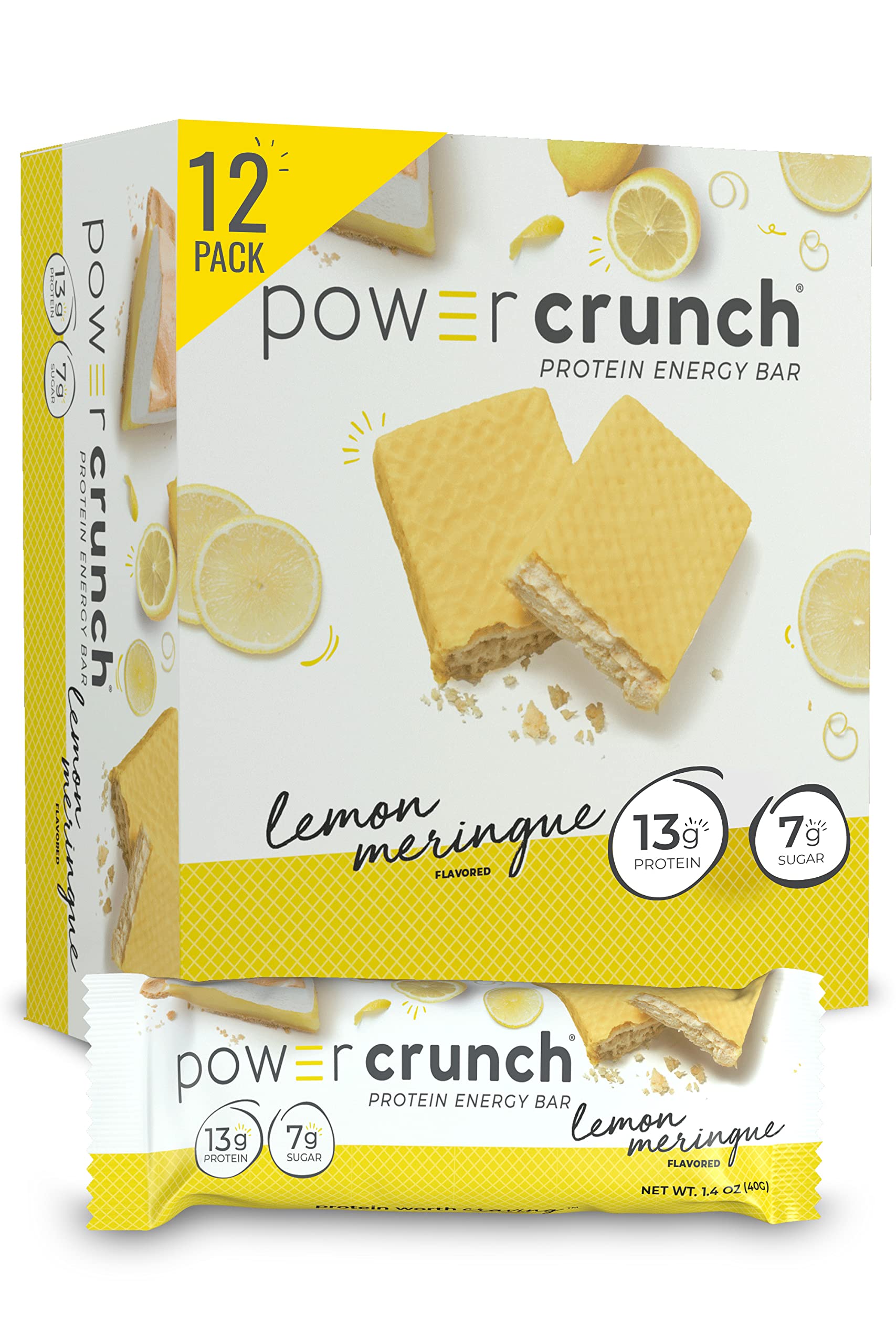Power Crunch Lemon Meringue bar packaging shown, convenient protein snack for busy days.