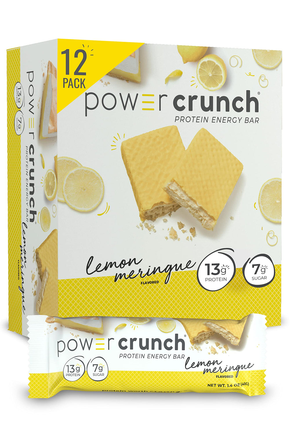 Power Crunch Lemon Meringue bar packaging shown, convenient protein snack for busy days.
