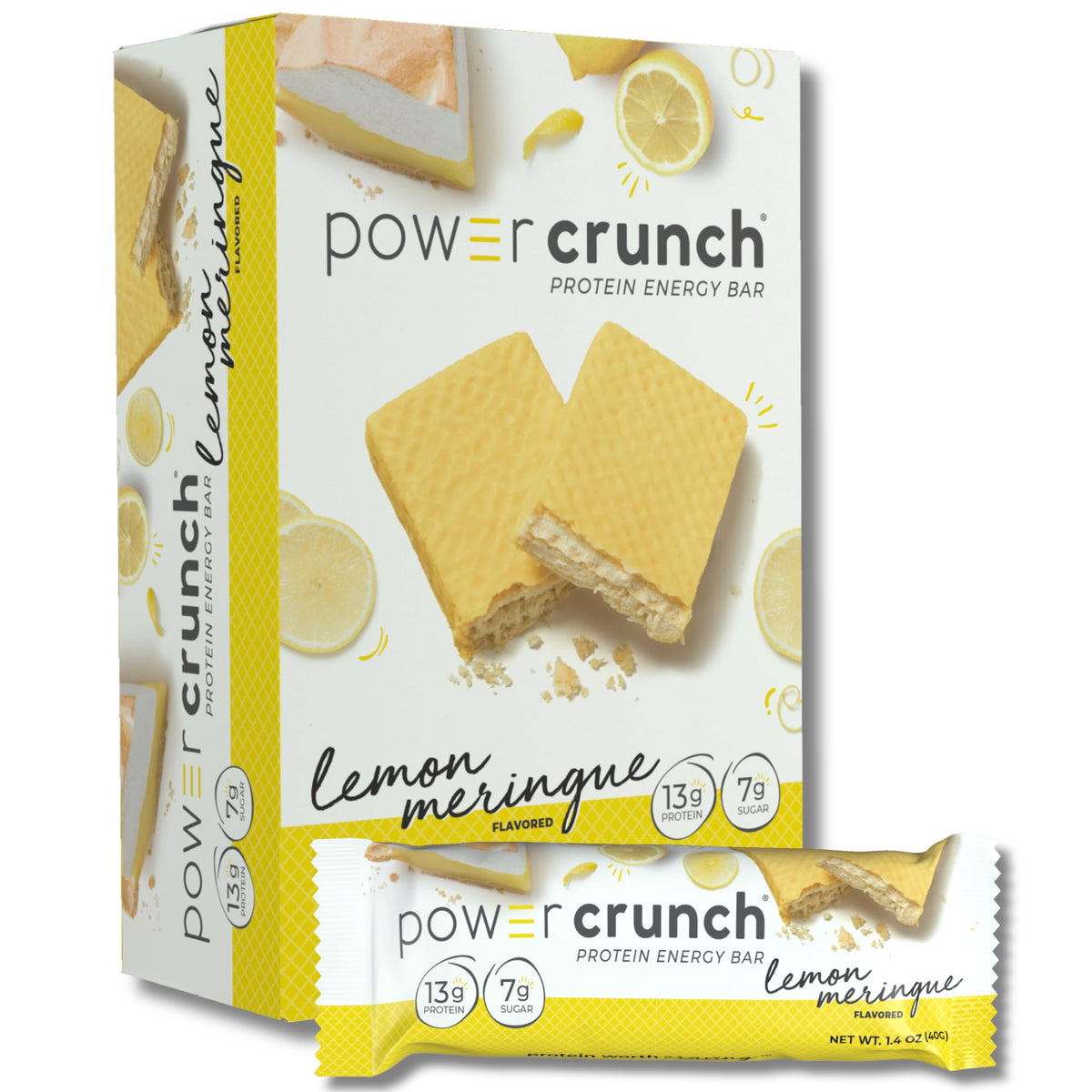 Power Crunch Lemon Meringue bar packaging showing a five-bar sleeve for on-the-go protein.
