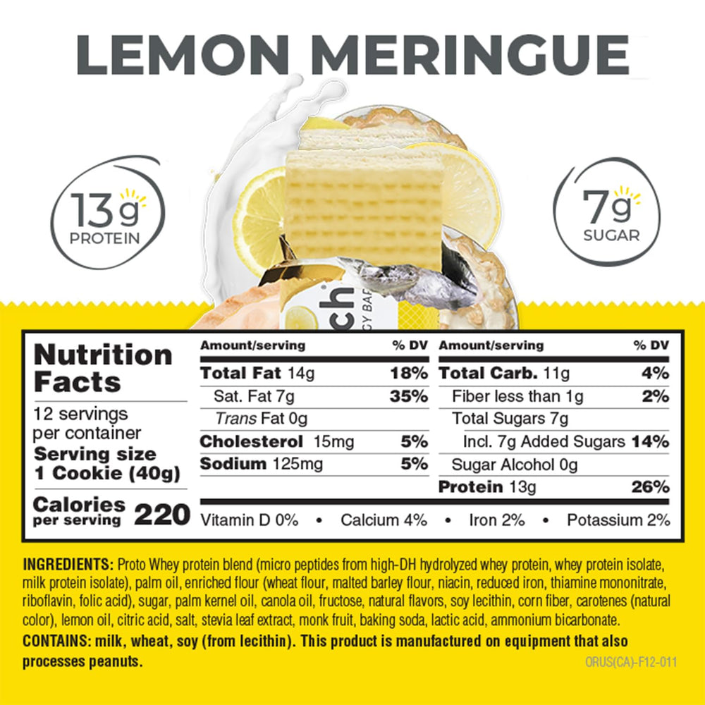 Power Crunch Lemon Meringue bar texture close-up, crisp wafer layers for a satisfying bite.