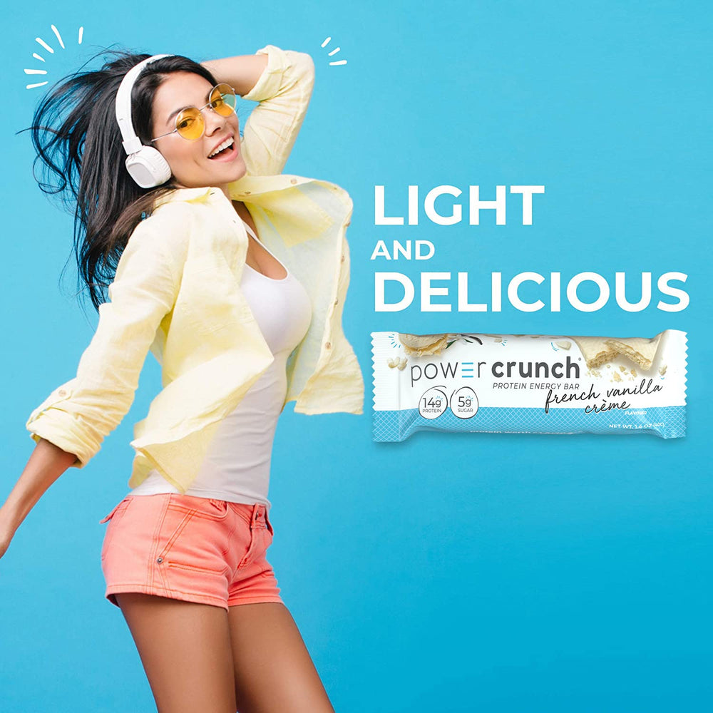 Power Crunch nutrition facts label highlights protein and sugar profile.