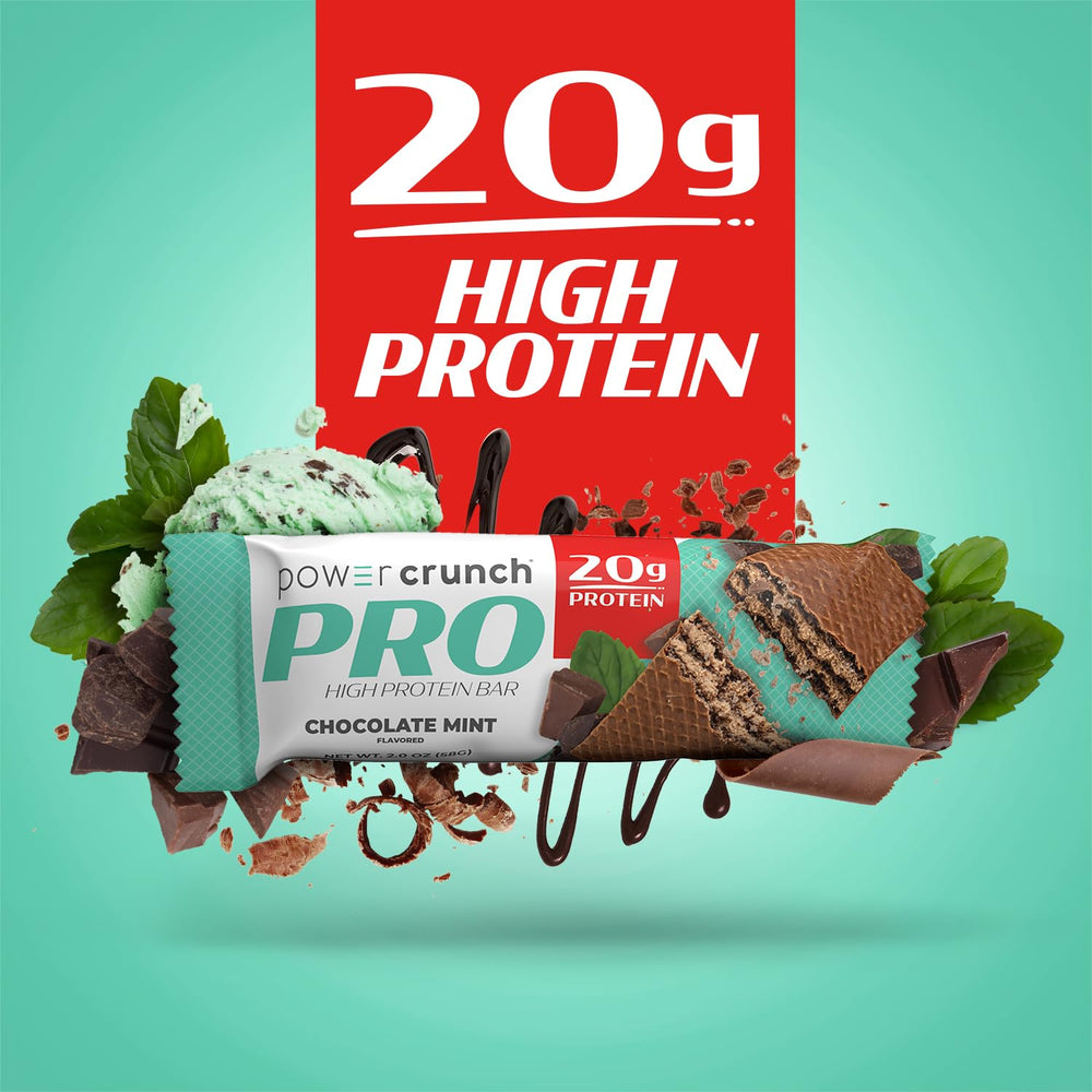 Power Crunch PRO bar packaging, four-count box ready for on-the-go nutrition.
