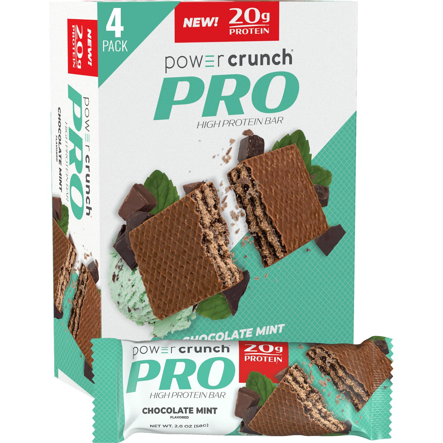Power Crunch PRO Chocolate Mint bar, wrapped, with creamy center and wafer crunch for a protein snack.