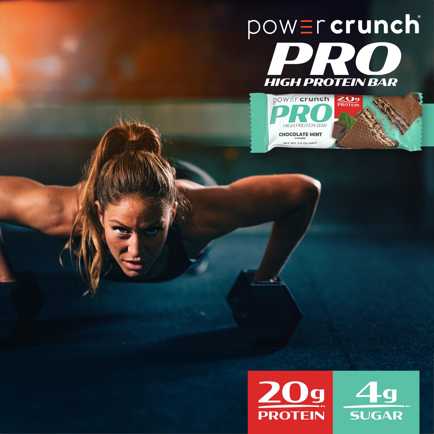 Power Crunch PRO wafer closeup highlighting high-DH hydrolyzed Proto whey protein in each bite.