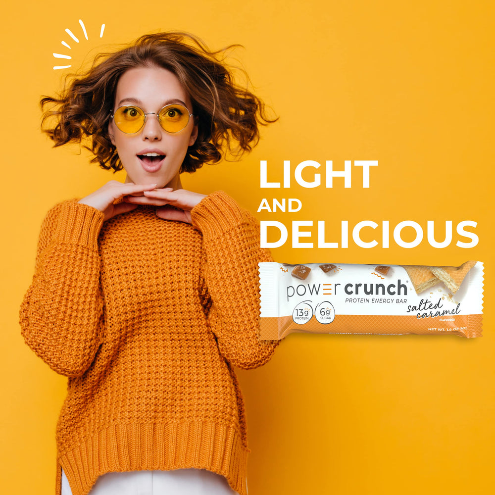 Power Crunch Salted Caramel wafer with visible layers, ideal post-workout boost.