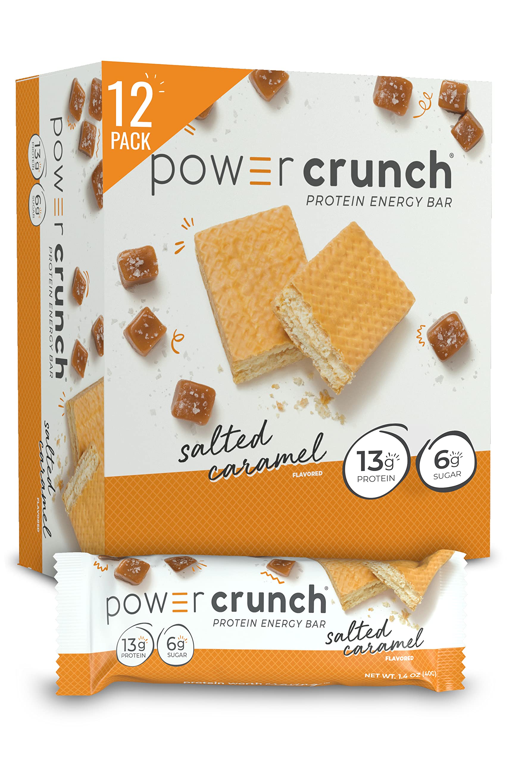 Power Crunch Salted Caramel crisp wafer close-up for a high-protein snack on the go.