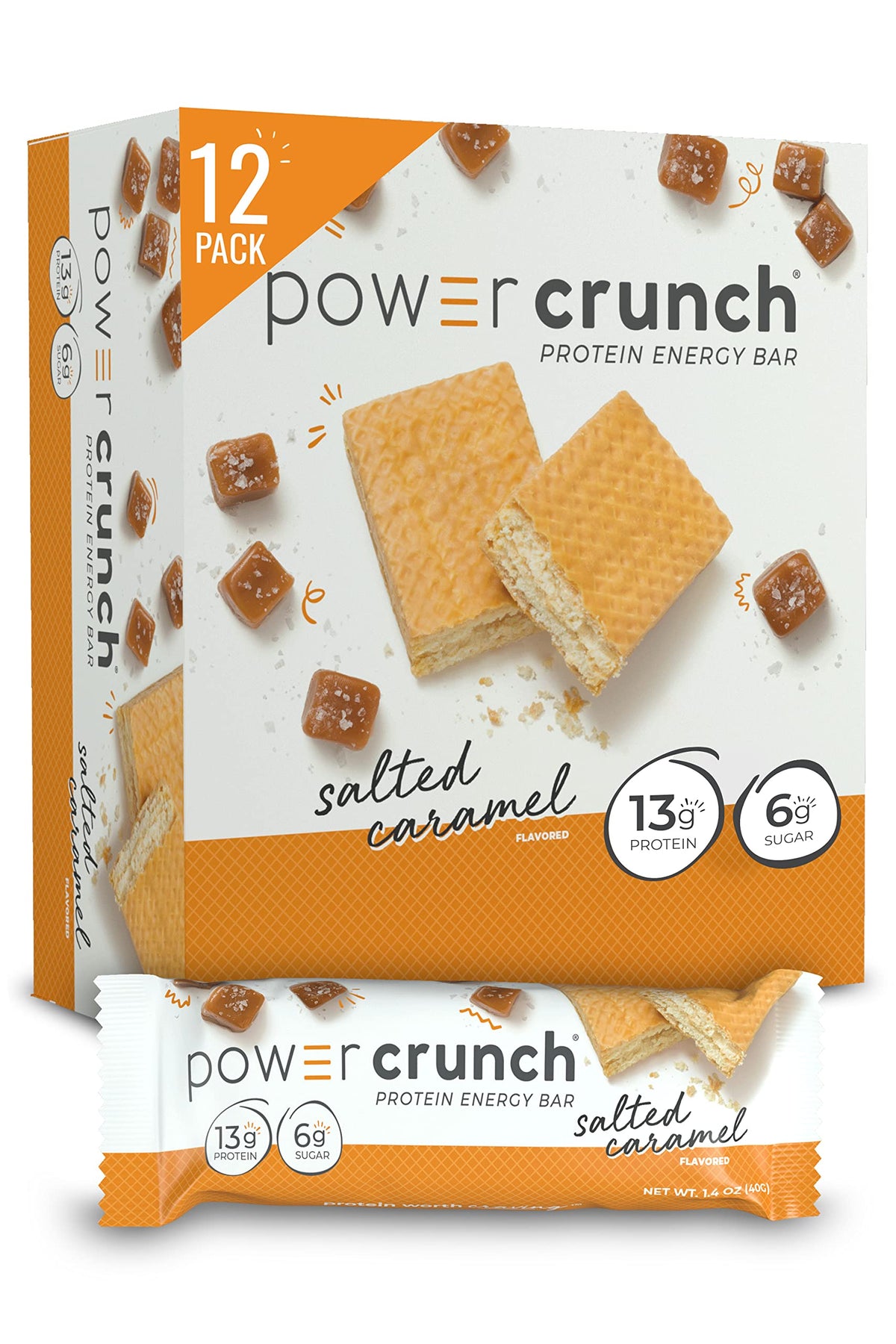 Power Crunch Salted Caramel crisp wafer close-up for a high-protein snack on the go.
