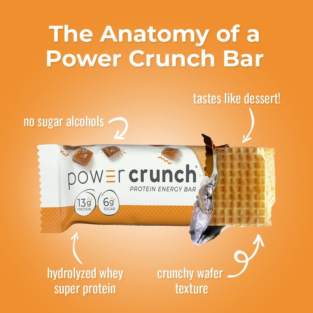 Power Crunch Salted Caramel wafer stack, pantry-friendly snack for busy days.