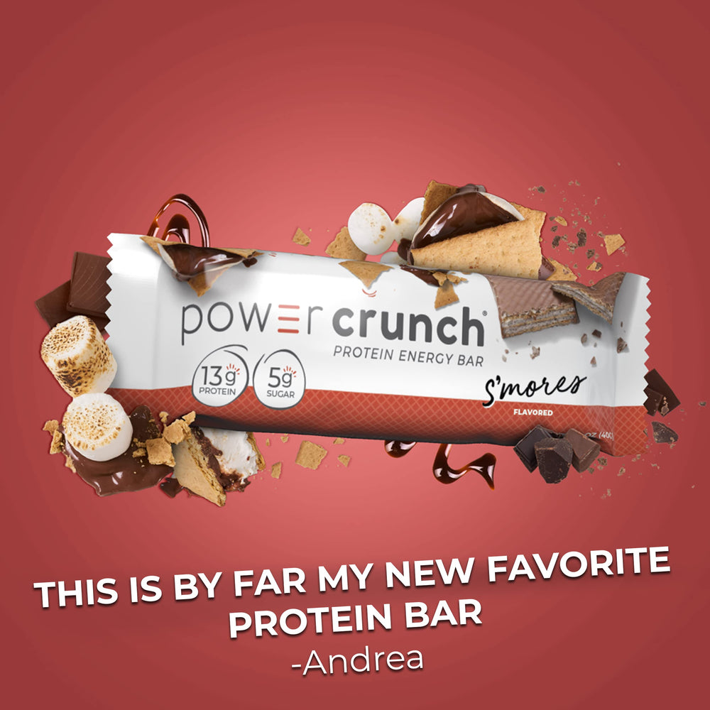 Power Crunch S'Mores wafer detail emphasizes crisp texture and easy digestion.