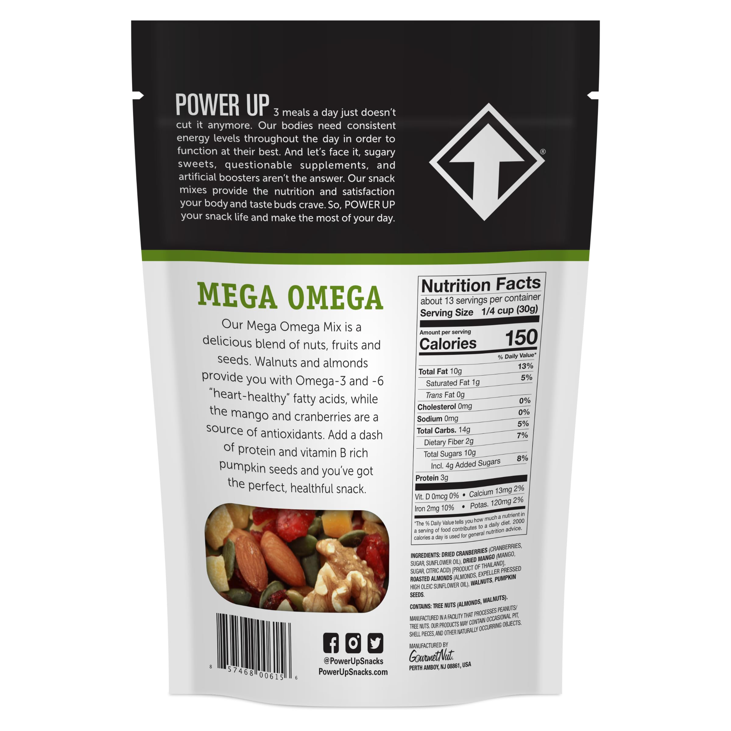 Power Up Mega Omega Trail Mix mango and cranberry pieces with antioxidant-rich notes