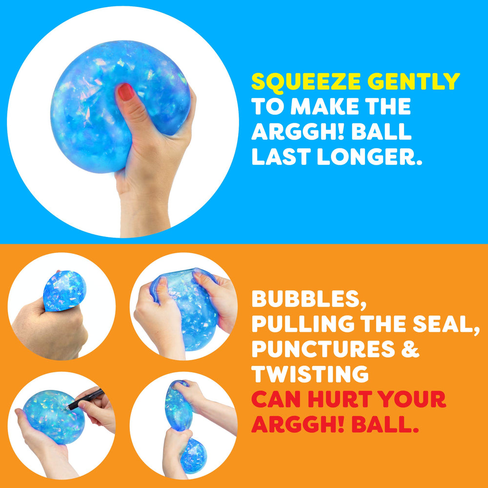 Power Your Fun Arggh stress ball blue being squeezed calm during study