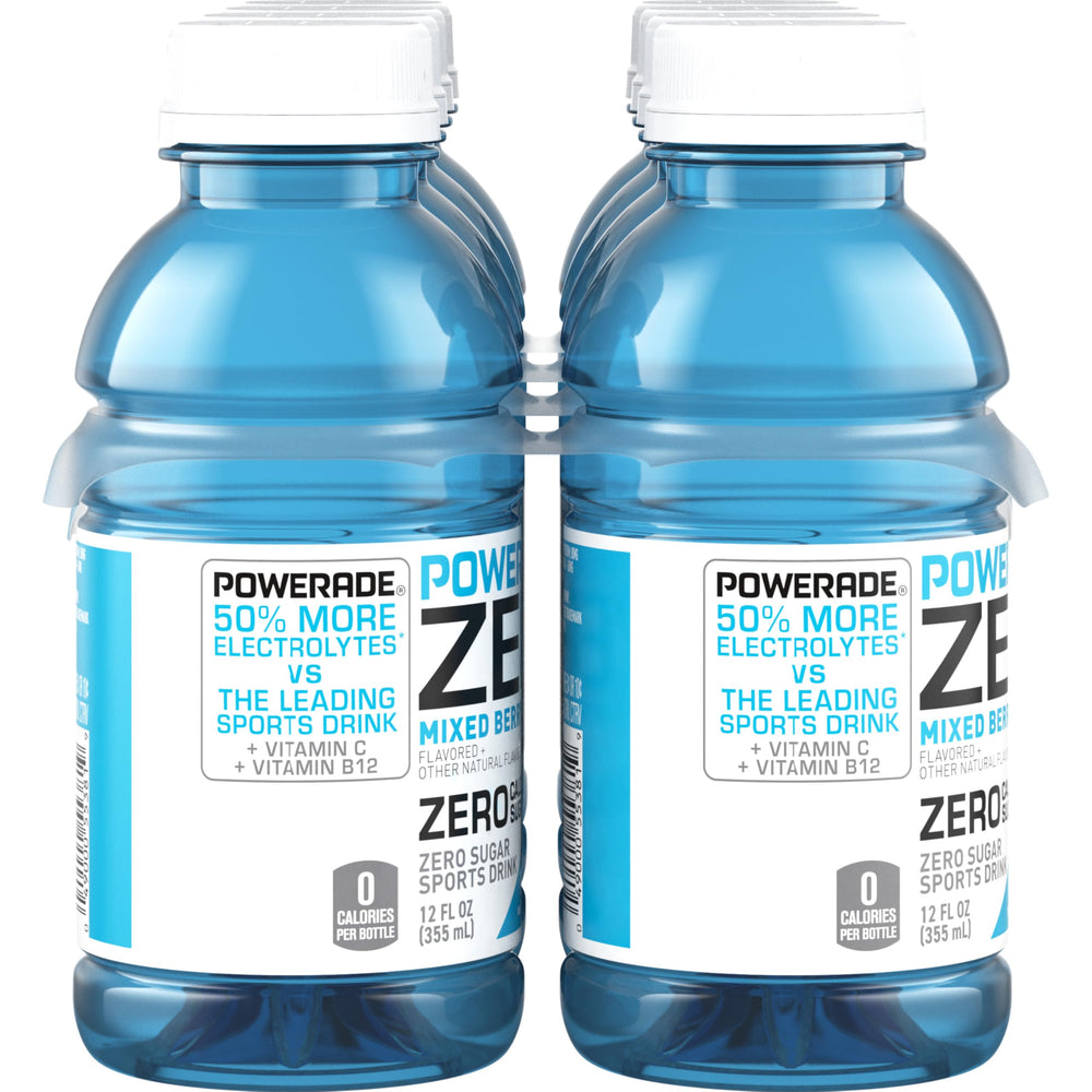 Powerade bottle with glass and berry imagery at sunrise.