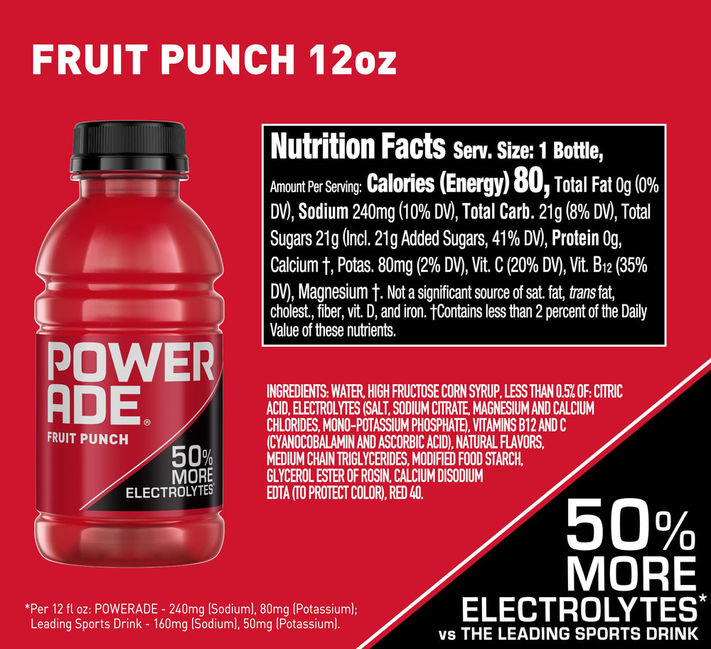 Powerade Fruit Punch bottle side view showing electrolytes for hydration during activity