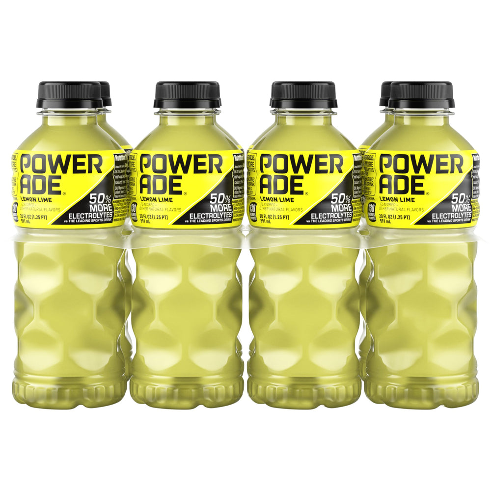 Powerade Lemon Lime bottle front showing electrolyte hydration for active workouts.
