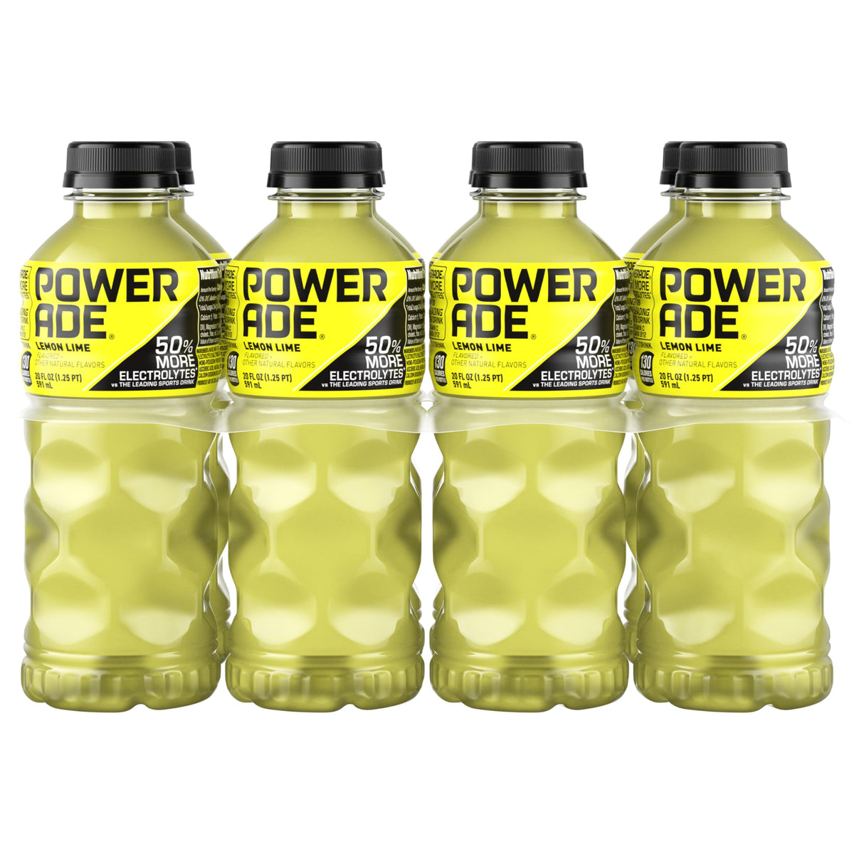 Powerade Lemon Lime bottle front showing electrolyte hydration for active workouts.