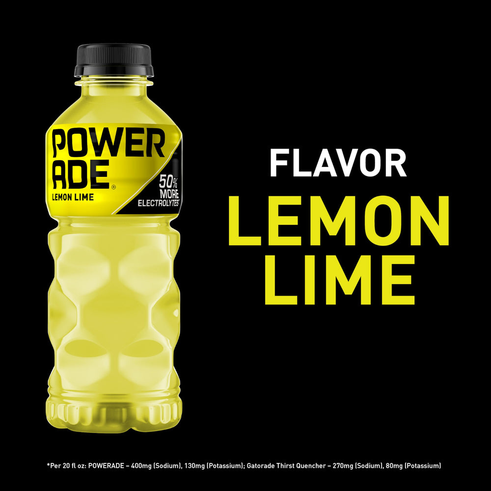 Powerade Lemon Lime bottle with ice, refreshing during an intense session.