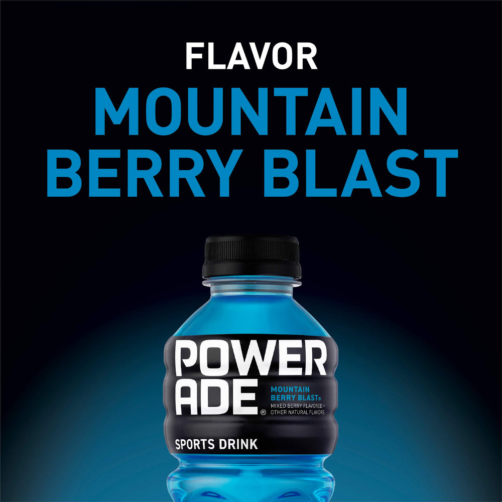 Powerade Mountain Berry Blast bottle in a backpack suggests on-the-move hydration.