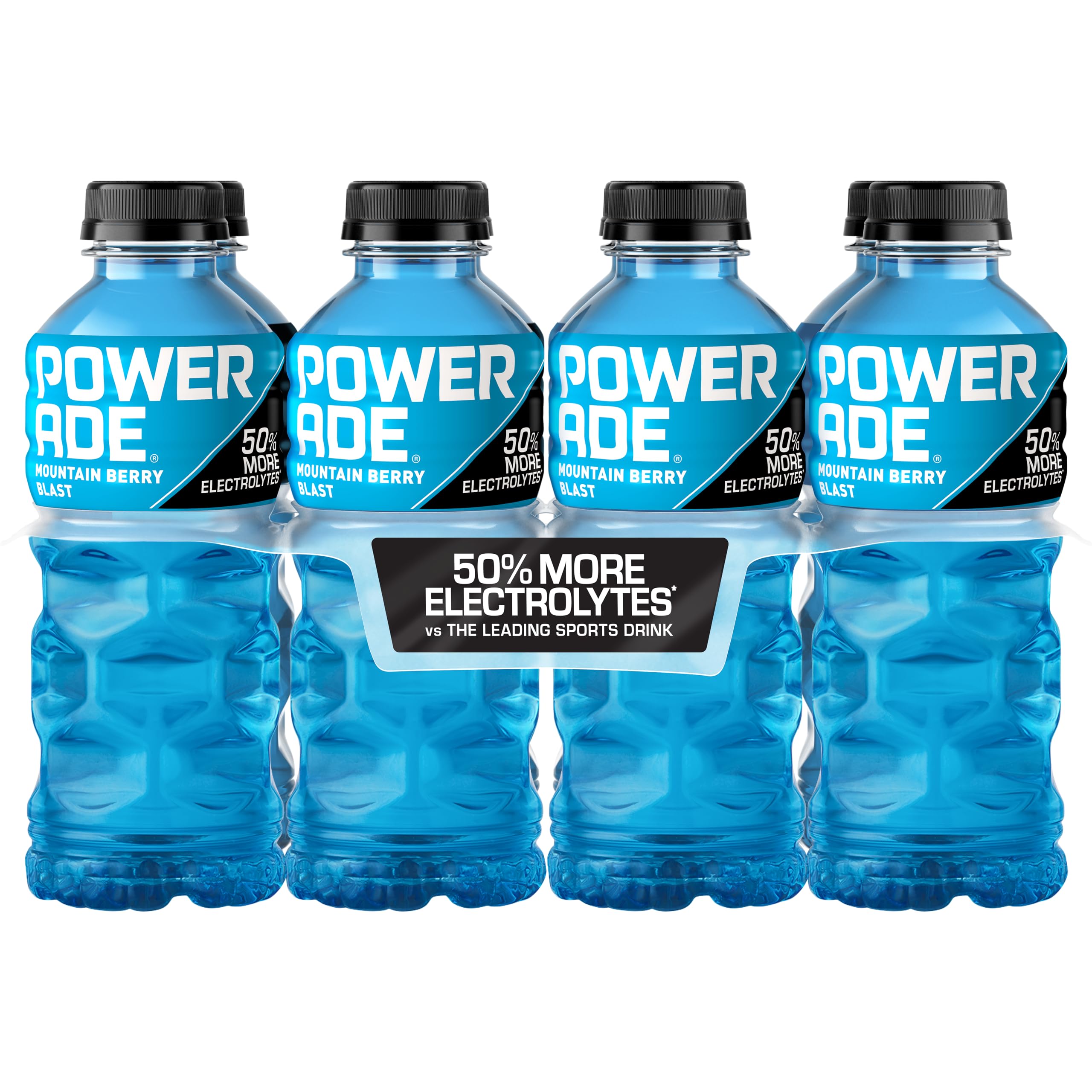 Powerade Mountain Berry Blast bottle showcases electrolyte blend for athletic hydration.