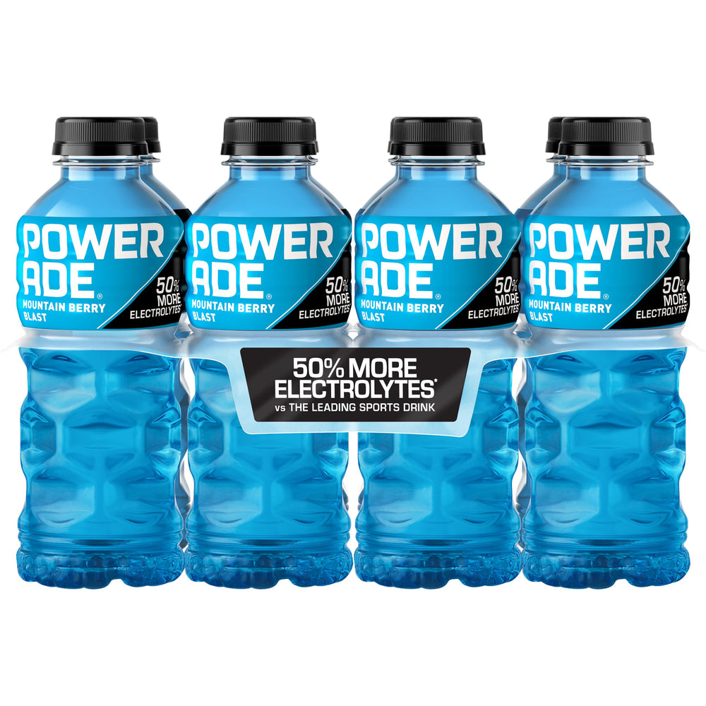 Powerade Mountain Berry Blast bottle showcases electrolyte blend for athletic hydration.
