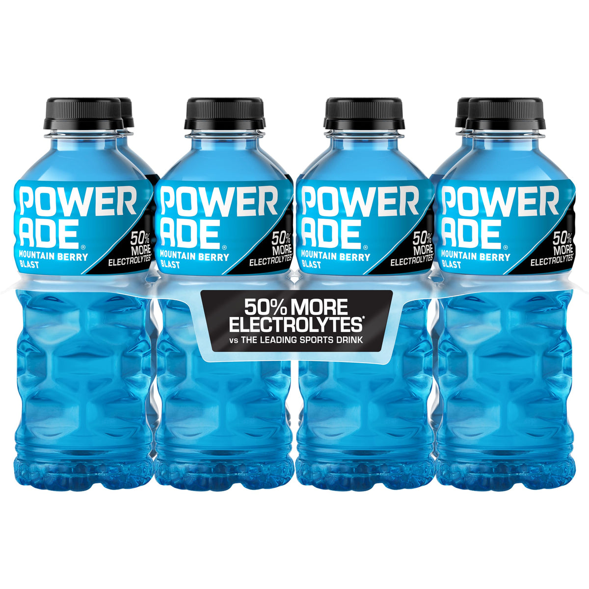 Powerade Mountain Berry Blast bottle showcases electrolyte blend for athletic hydration.