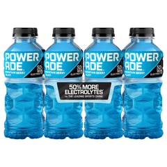 Powerade Mountain Berry Blast bottle showcases electrolyte blend for athletic hydration.
