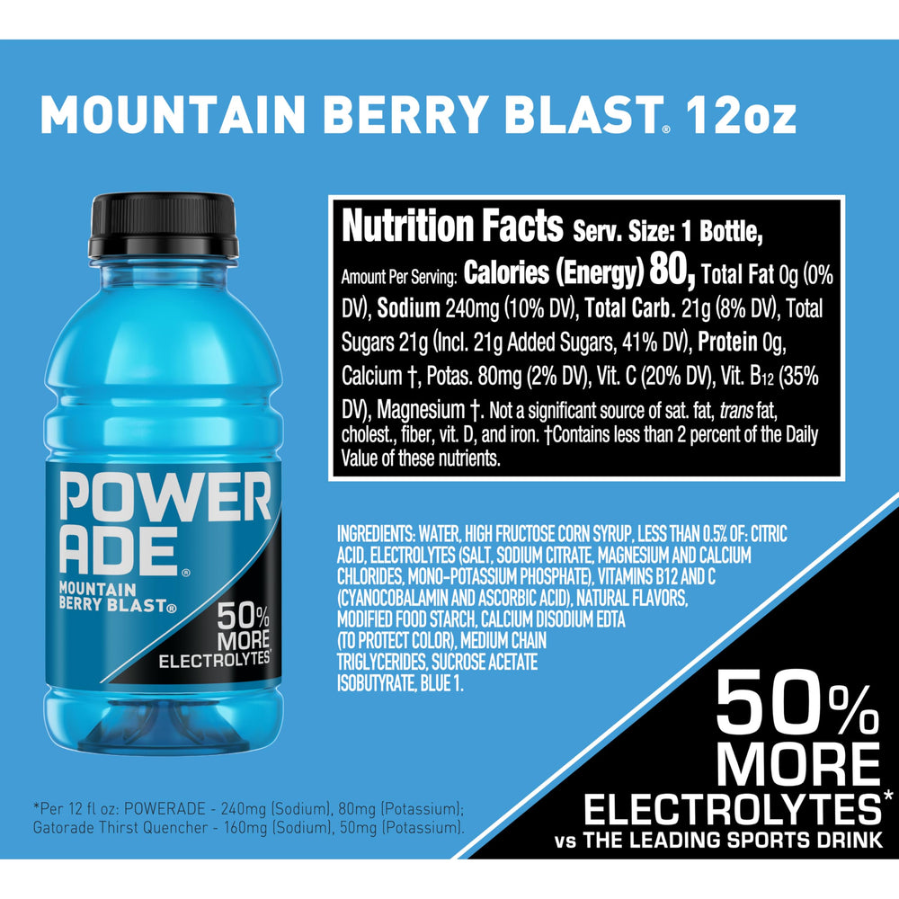 POWERADE Mountain Berry Blast label highlights electrolytes and vitamins for energy support.