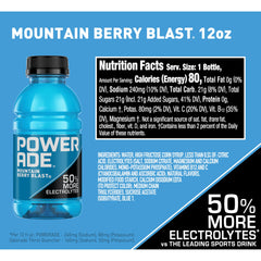 POWERADE Mountain Berry Blast label highlights electrolytes and vitamins for energy support.