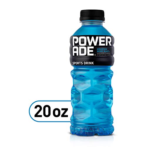 Powerade Mountain Berry Blast bottle on a workout mat signals pre or during exercise use.