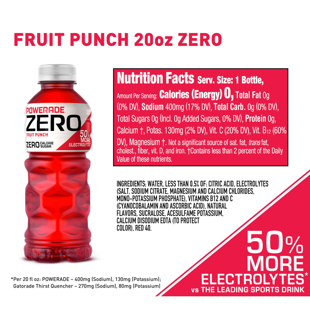 Powerade Zero Fruit Punch bottle side view ideal for training sessions and quick hydration.