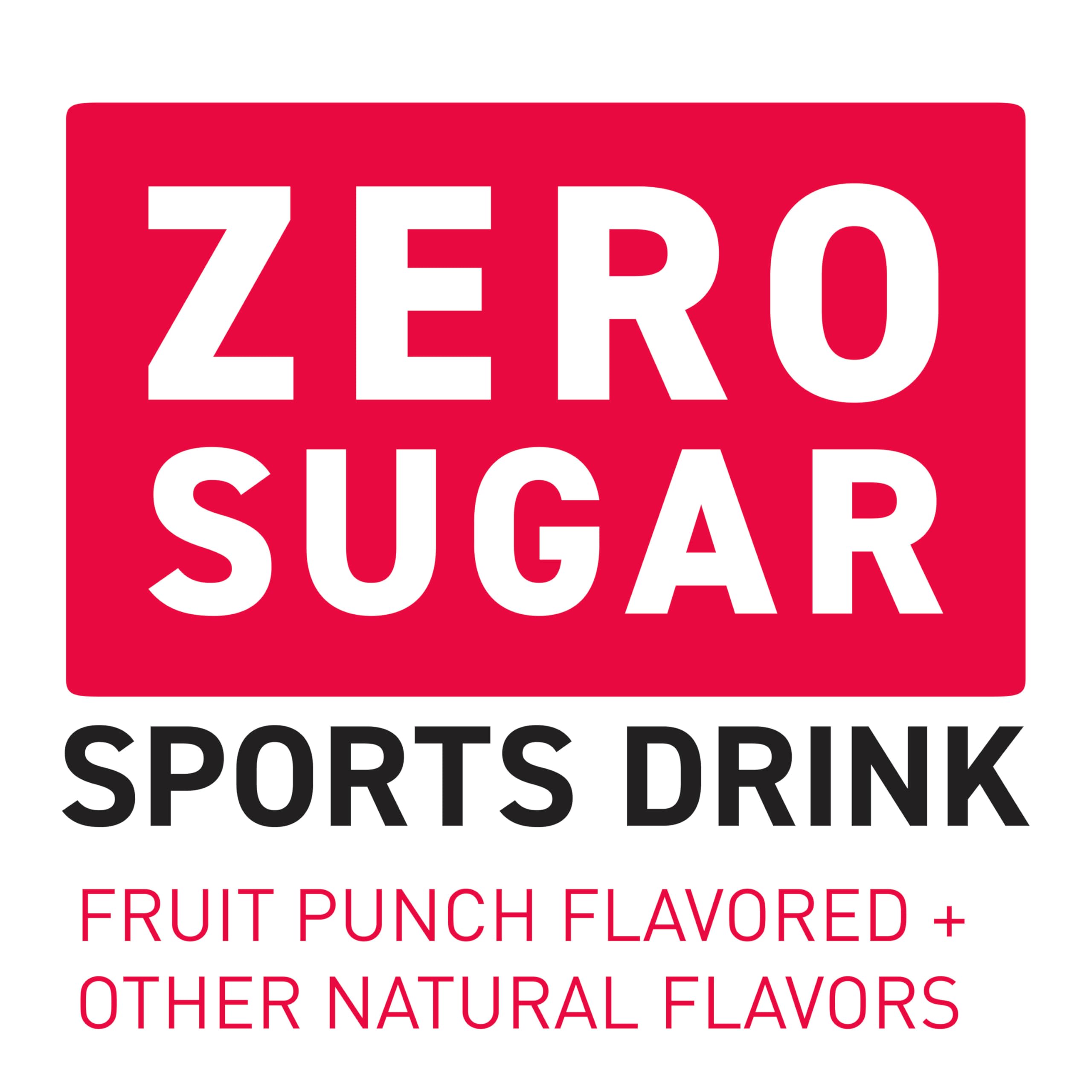 Powerade Zero Fruit Punch glass with ice showcasing zero sugar for light refreshment.