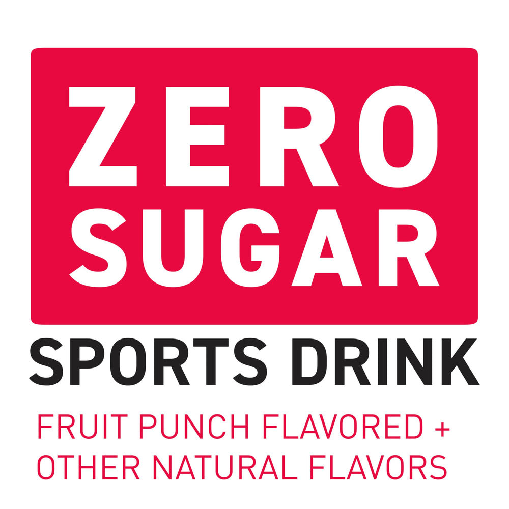 Powerade Zero Fruit Punch glass with ice showcasing zero sugar for light refreshment.