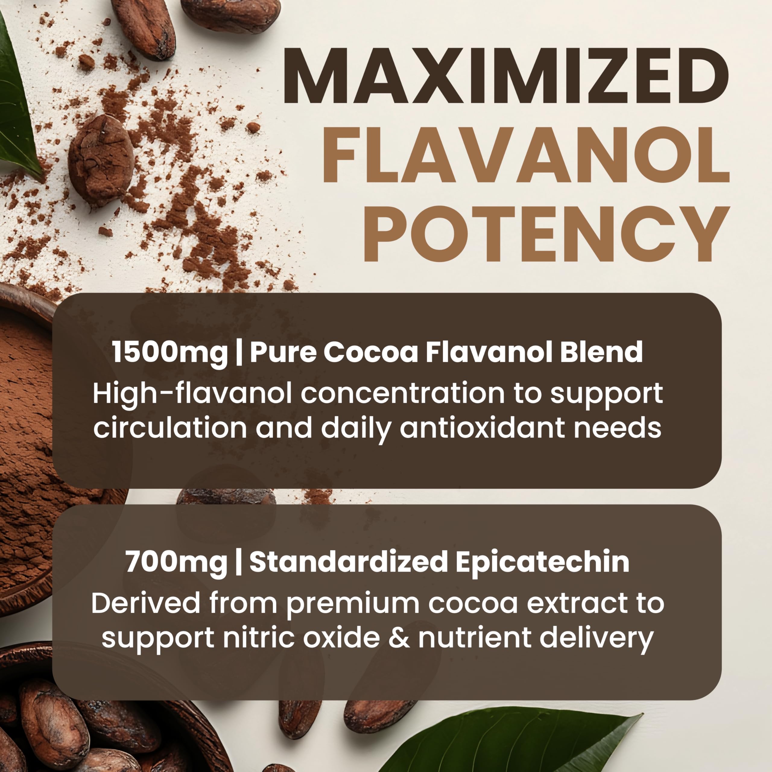 Powered X Plants 1500mg Cocoa Flavanols label emphasizing potency per dose