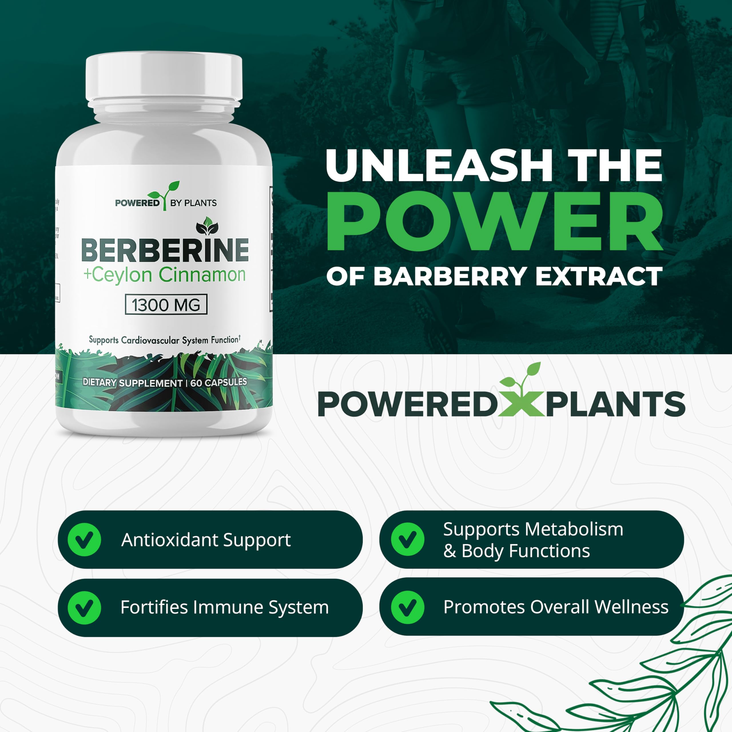 POWERED X PLANTS berberine-cinnamon blend capsules for immune support.