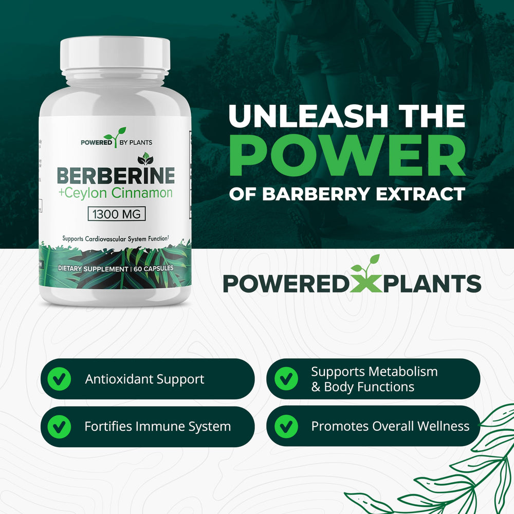 POWERED X PLANTS berberine-cinnamon blend capsules for immune support.