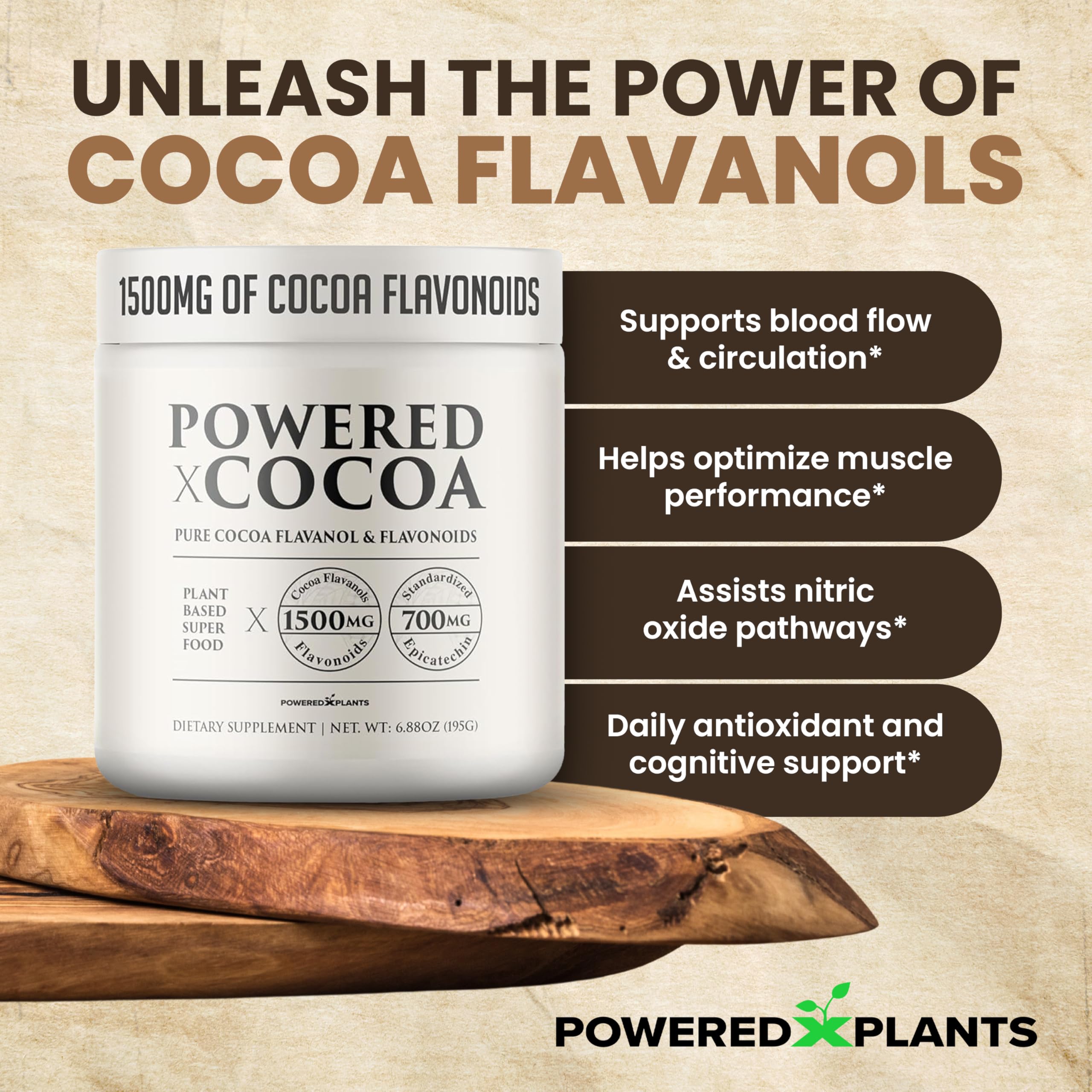 Powered X Plants Cocoa Powder scoop representing convenient daily servings
