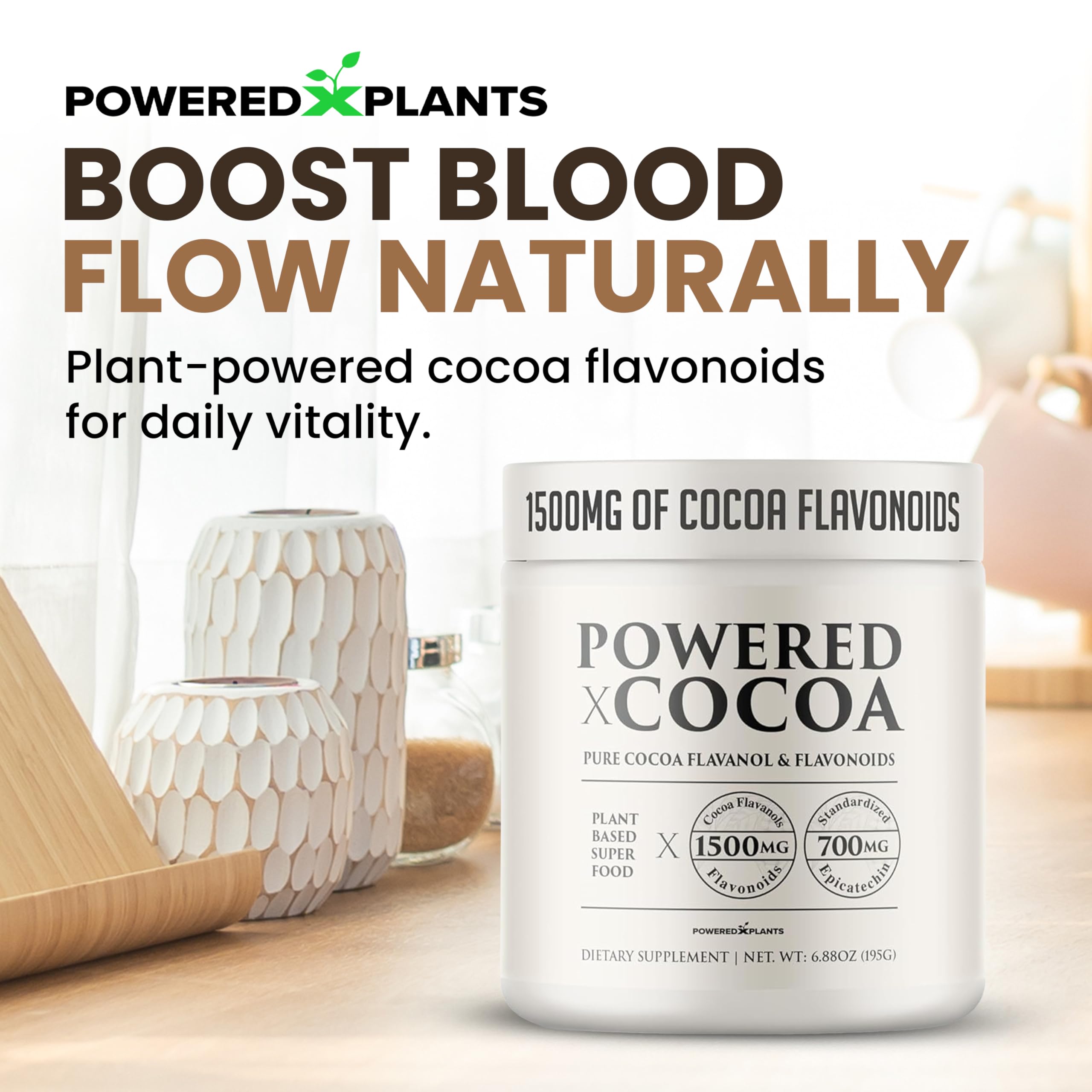 Powered X Plants Dark Cacao Powder jar showing rich flavor and antioxidant content