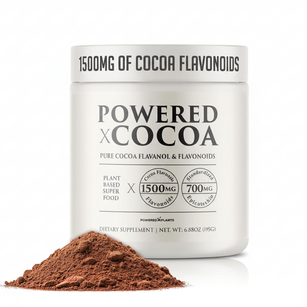 Powered X Plants High Flavanol Cocoa Powder bottle highlighting potent flavanols for daily vitality