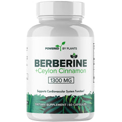 POWERED X PLANTS Pure Berberine capsules bottle on wood surface for daily wellness.