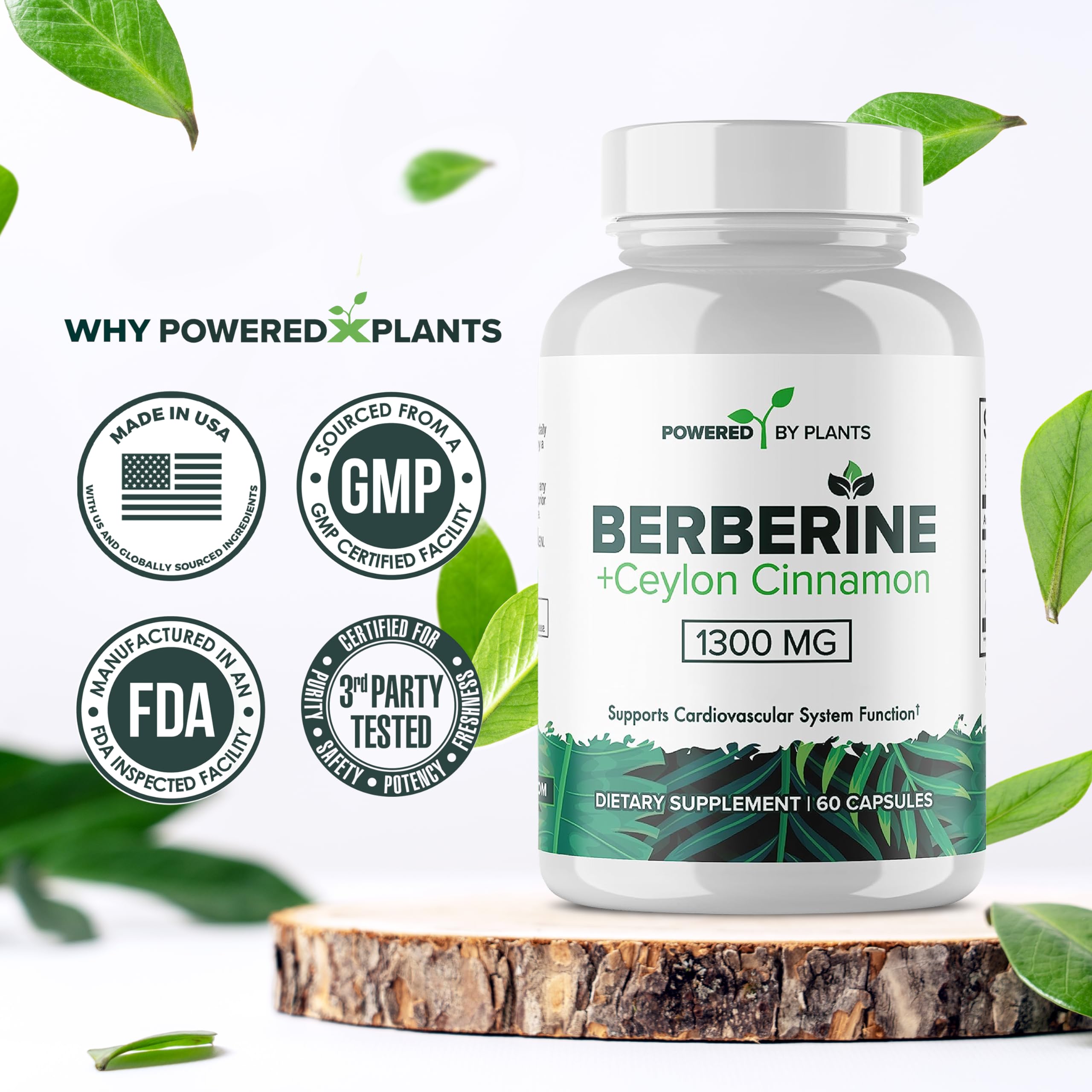POWERED X PLANTS vegan-friendly badge on clean-label bottle.