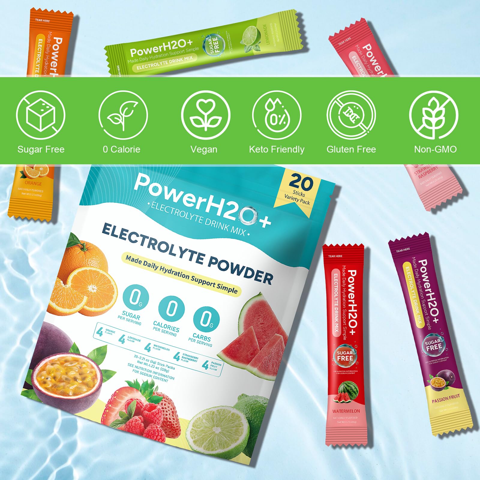 PowerH2O+ grape stick pack refreshing electrolyte sip for daily replacement