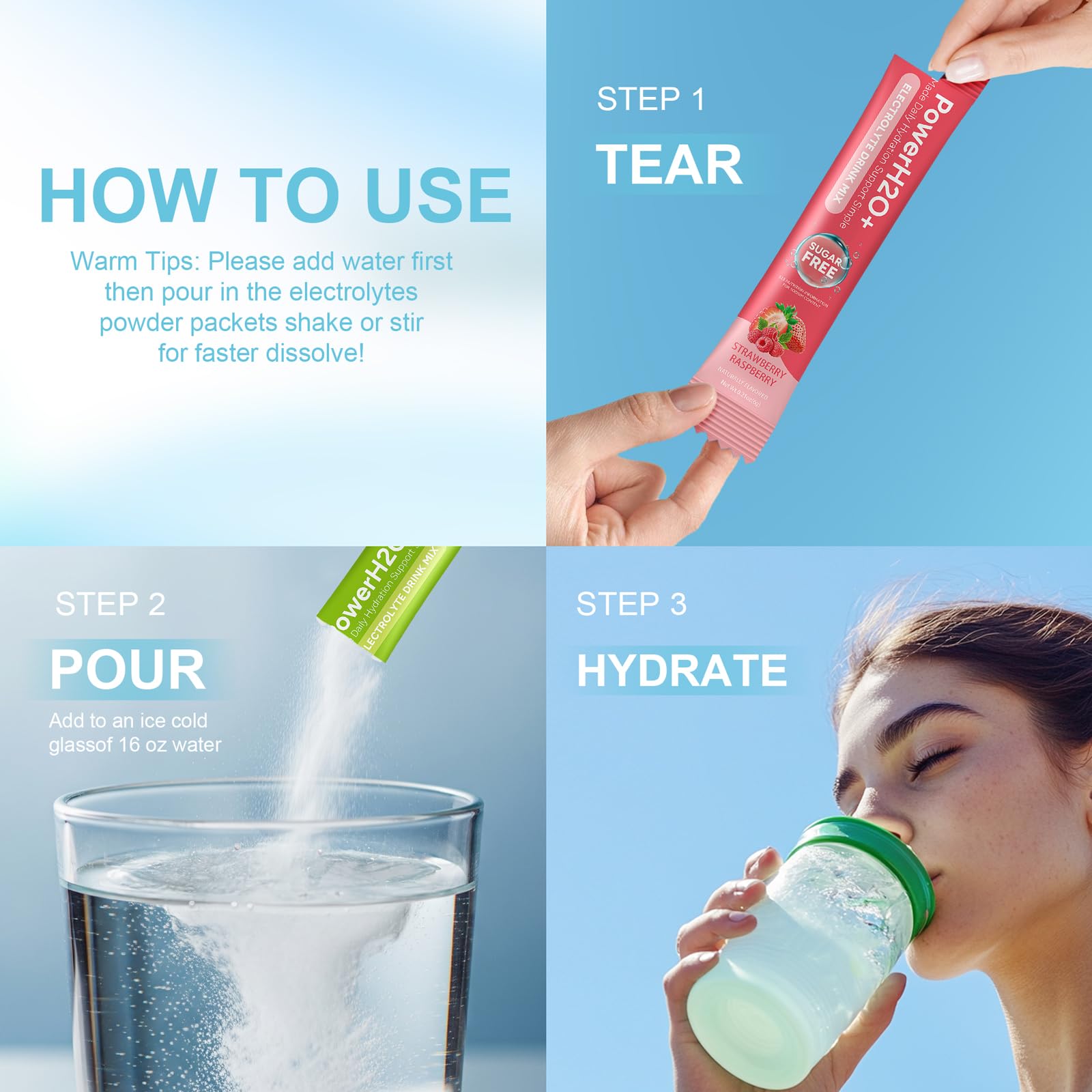 PowerH2O+ strawberry-raspberry stick pack sugar-free hydration option