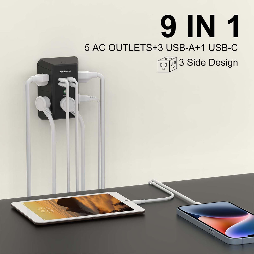Poweriver 5-ac-outlets-4-usb-ports with widely spaced design for easier access.
