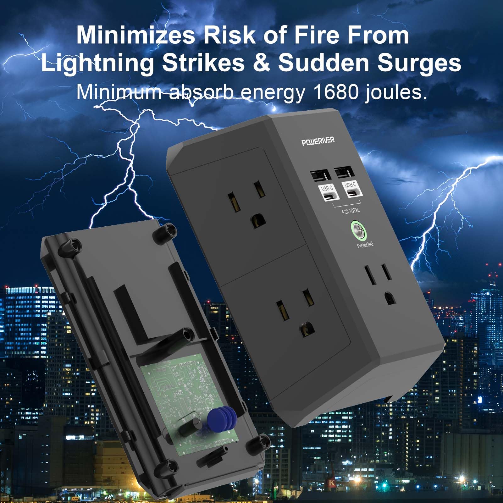 Poweriver 1680J surge protection guards connected electronics.
