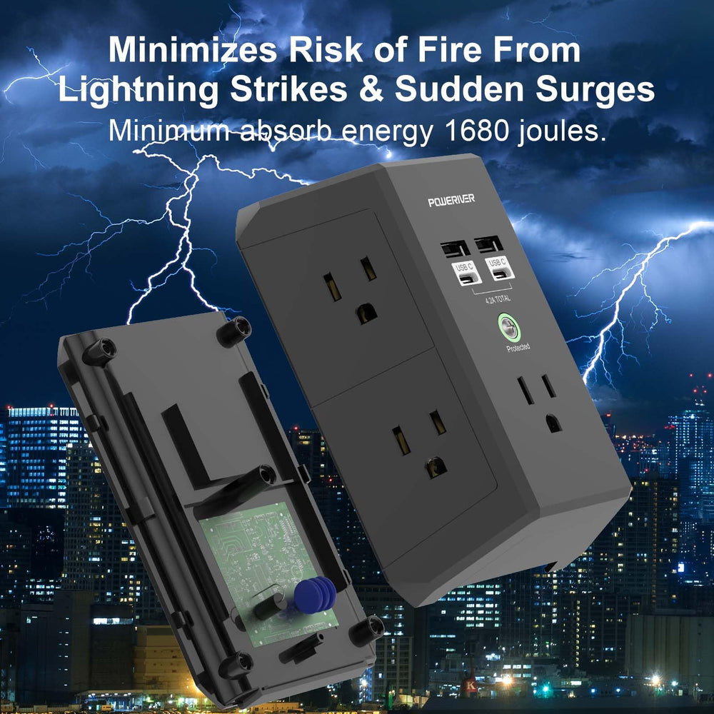 Poweriver 1680J surge protection guards connected electronics.