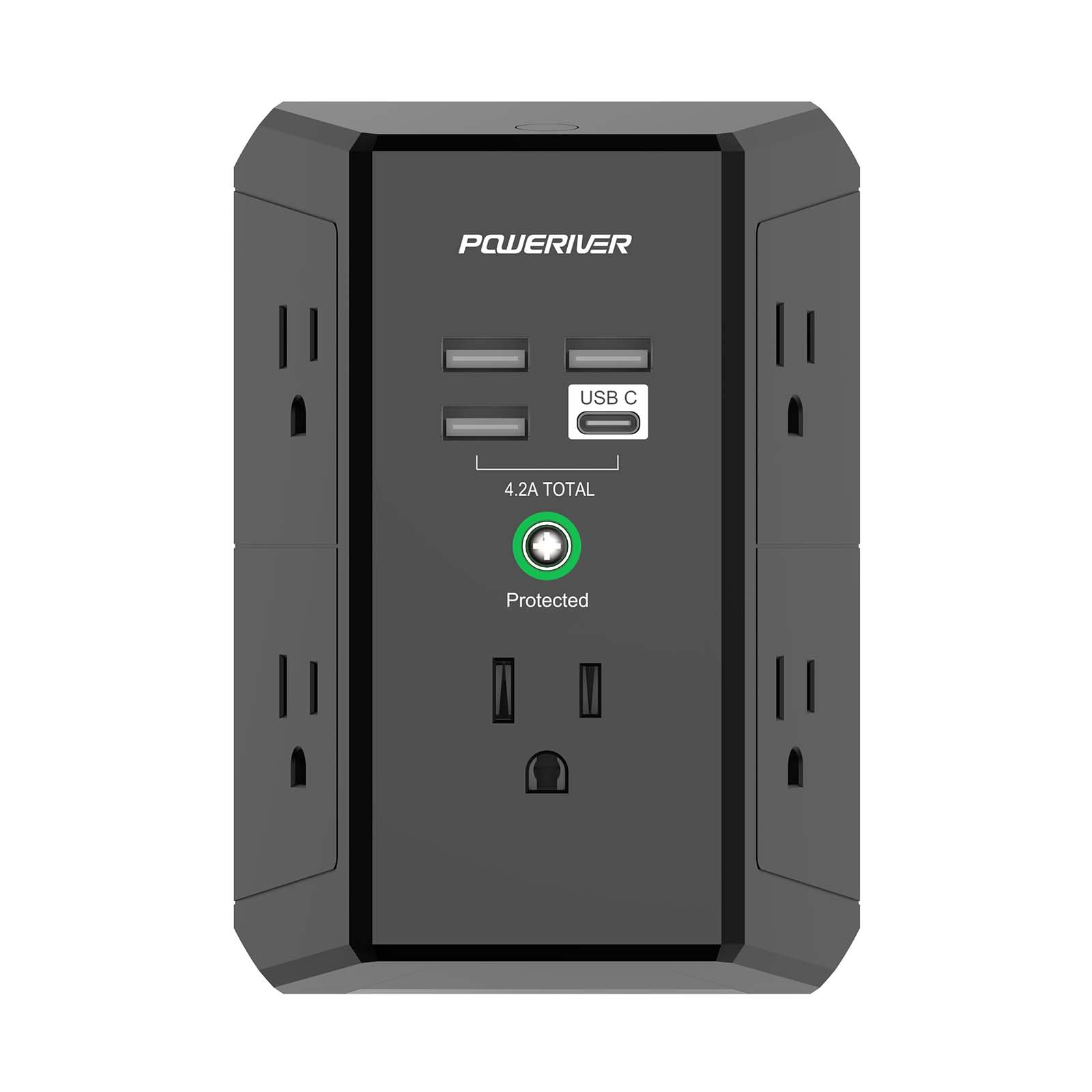 Poweriver multi-outlet extender front-angled view showing 5 outlets and 4 USB ports for easy charging.
