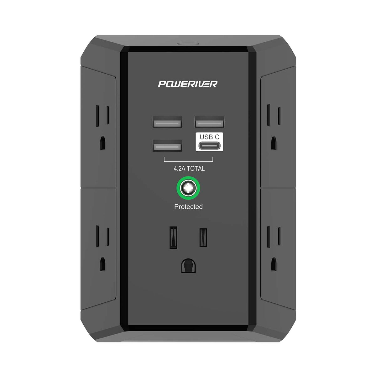 Poweriver multi-outlet extender front-angled view showing 5 outlets and 4 USB ports for easy charging.