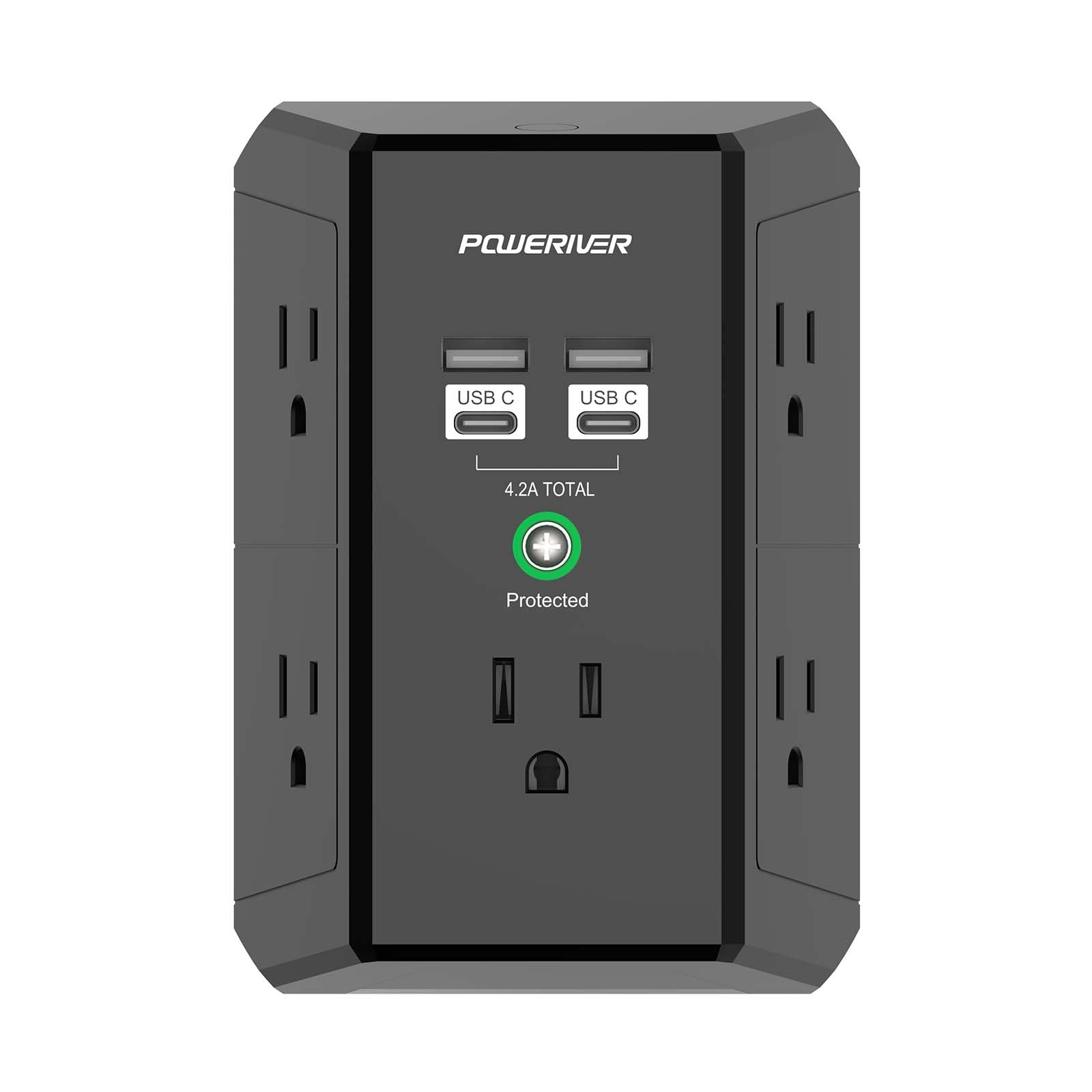 Poweriver multi-outlet extender front view with five outlets for organized charging.